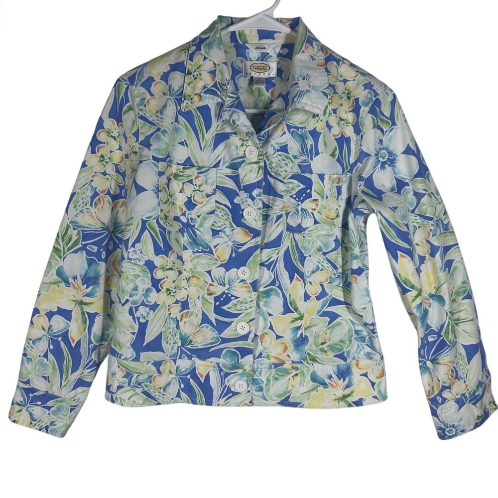 Talbots Floral Trucker Jacket Womens Petite P‎ Small Blue Green Stretch EXCL